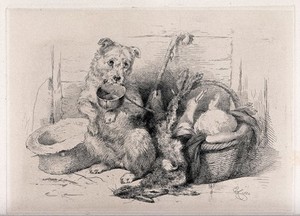 view A terrier sits on its hind legs holding a bowl in its mouth and with front paws raised. Etching after E.H. Landseer, 1824.