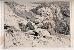 view A man in traditional Scottish costume sits by a rock with his sleeping dog beside him, in a mountainous landscape. Etching after E.H. Landseer, 1820/1848 (?).