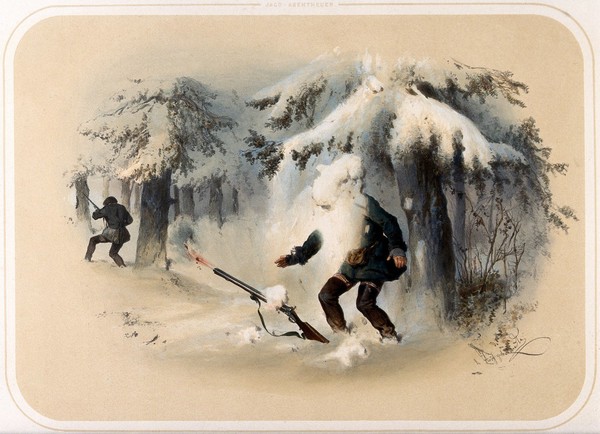 A huntsman is enveloped by a sudden fall of snow from an overhanging tree branch, causing him to drop his rifle which discharges accidentally. Coloured lithograph by A. Strassgschwandtner after himself, ca. 1860.