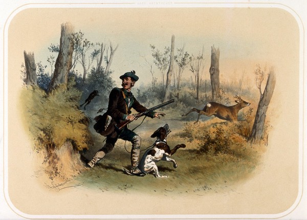 A leaping frog startles a huntsman, causing him to tread on his dog's tail and scare away the chamois buck which he was about to shoot. Coloured lithograph by A. Strassgschwandtner after himself, ca. 1860.