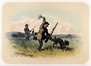 view An angry huntsman kicks his dog and snatches a partly-eaten duck from its mouth. Coloured lithograph by A. Strassgschwandtner after himself, ca. 1860.