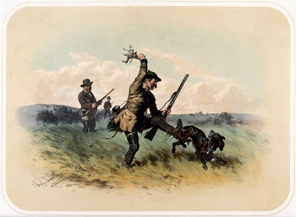 An angry huntsman kicks his dog and snatches a partly-eaten duck from its mouth. Coloured lithograph by A. Strassgschwandtner after himself, ca. 1860.