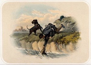 view A huntsman pulls a dead rabbit from a river by its ear. Coloured lithograph by A. Strassgschwandtner after himself, ca. 1860.