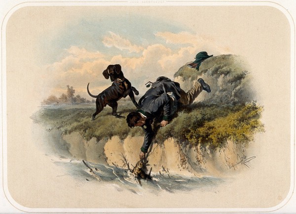 A huntsman pulls a dead rabbit from a river by its ear. Coloured lithograph by A. Strassgschwandtner after himself, ca. 1860.
