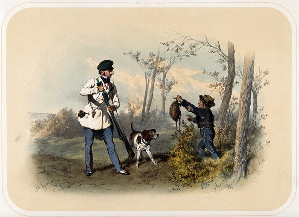 A well-dressed huntsman is accosted by a ragged boy proffering a bedraggled duck carcass. Coloured lithograph by A. Strassgschwandtner after himself, ca. 1860.