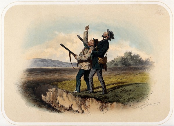 Two huntsmen with rifles look towards the sky, one pointing upwards at their intended prey. Coloured lithograph by A. Strassgschwandtner after himself, ca. 1860.