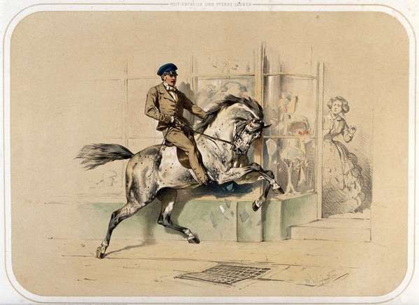 A horse, ridden by a fashionably dressed man, baulks at a grating on a city street, breaking a shop window. Coloured lithograph by A. Strassgschwandtner after himself, ca. 1860.