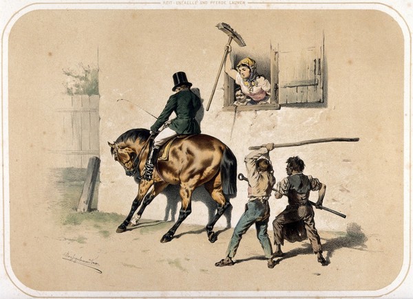 A horse leans against a house wall, trapping its rider and refusing to move; a woman at the open window raises a sweeping brush to poke the horse and two ragged boys in the street threaten it with a stick and a spanner (?). Coloured lithograph by A. Strassgschwandtner after himself, ca. 1860.