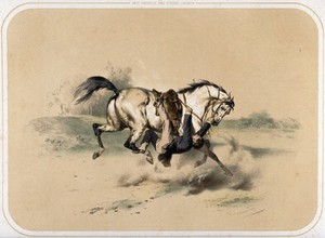 view A rider has slipped sideways from his saddle and is trapped underneath his cantering horse with one foot in the stirrup; he clings with his hands to the rein and harness. Coloured lithograph by A. Strassgschwandtner after himself, ca. 1860.