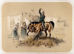 view A horse disturbs a dying bonfire with its hooves, ignoring its rider's whip and the angry shouts of two women whose laundry is being covered in ashes. Coloured lithograph by A. Strassgschwandtner after himself, ca. 1860.