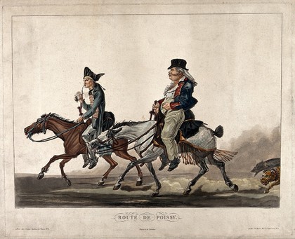 Two men dressed in dilapidated Napoleonic (?) military uniforms, riding decrepit horses, followed by two dogs. Coloured aquatint by Debucourt after A.C.H. Vernet, ca. 1820.