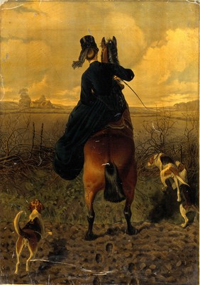 An elegantly dressed horsewoman approaching a fence, seen from behind. Colour oleograph by E.G. Hester after C. Burton Barber, ca. 1870 (?).