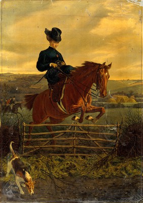 An elegantly dressed horsewoman jumping over a gate in a fence. Colour oleograph by E.G. Hester after C. Burton Barber, ca. 1870 (?).