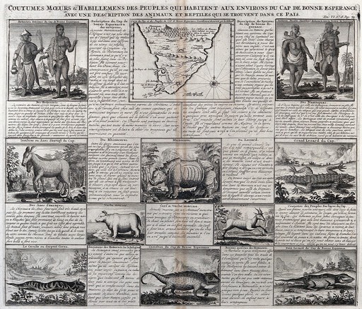 Customs, costumes and animals found in the Cape of Good Hope. Engraving, 1750/1800.