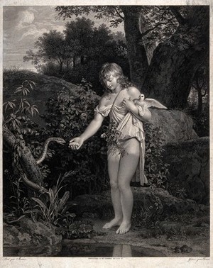 view A half-naked youth offers food to a snake coiled round a tree trunk. Engraving by C.-C. Bervic after J.-F.-L. Mérimée, 1798.