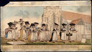 view A funeral procession of elderly women with cats in their arms, following the coffin of a dead cat, in a churchyard. Coloured stipple engraving by J. Pettit after E.G. Byron, 1789.