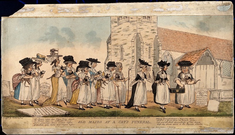 A funeral procession of elderly women with cats in their arms, following the coffin of a dead cat, in a churchyard. Coloured stipple engraving by J. Pettit after E.G. Byron, 1789., 10 April 1789, by Frederick George Byron