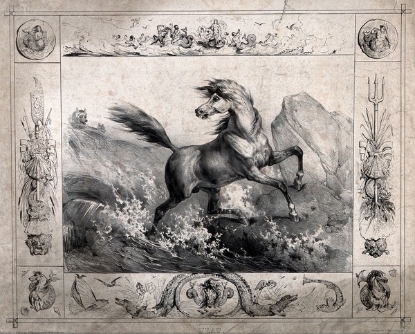 A frightened horse leaps through a cascading stream to escape from two wolves (?), within a border depicting mermaids, fish and other aquatic creatures. Lithograph, ca. 1850.
