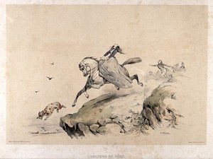 view A runaway horse approaches the edge of a cliff while the young woman rider pulls desperately on its reins. Coloured lithograph by V.J. Adam after himself, ca. 1850.