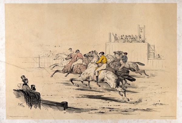 Race horses and jockeys set off from the starting post at a racecourse. Coloured lithograph by V.J. Adam after himself, ca. 1850.