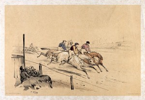 view Race horses and jockeys leading a race. Coloured lithograph by V.J. Adam after himself, ca. 1850.