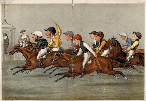 The finishing line at a horse race; ten portrait caricatures, including eight of famous jockeys. Colour lithograph after L. Prosperi, 1888.