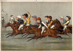 view The finishing line at a horse race; ten portrait caricatures, including eight of famous jockeys. Colour lithograph after L. Prosperi, 1888.