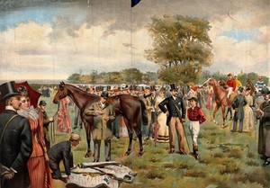 view Epsom, Surrey: the Derby; crowds of racegoers viewing the horses' form in the paddock. Colour lithograph after I. Cullin, 1892.