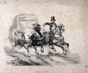 view A well-dressed man on horseback gallops alongside two horses drawing a coach, raising his whip. Lithograph attributed to A. Girardin, ca. 1850.