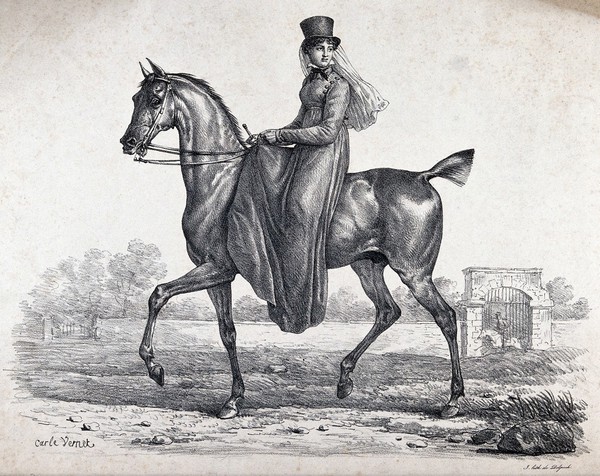 An elegantly dressed woman on horseback. Lithograph after C. Vernet, ca. 1800.