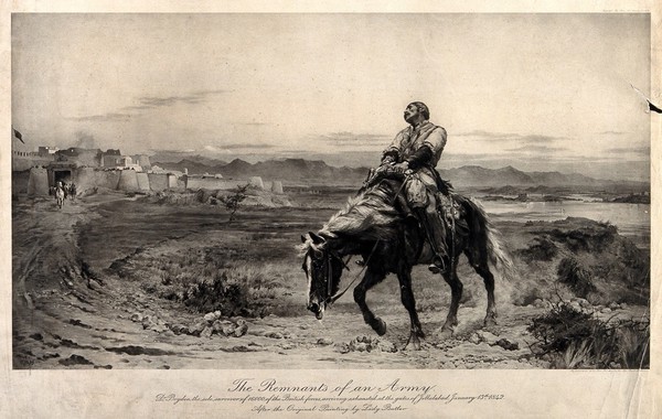 Surgeon Brydon, the sole survivor of 16,000 British troops, arriving exhausted at Jalalabad in 1842. Photogravure, 1908, after a painting by Lady Butler, 1879.