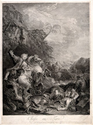 A tiger hunt, showing a dismounted hunter being set-upon by tigers (or leopards?), while his fellow exotically-dressed hunters look on in horror. Engraving by J.J. Flipart, 1773, after F. Boucher.
