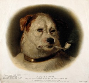 view A dog smoking a pipe, with 'Pears' inscribed on his collar. Chromolithograph after E. Landseer.