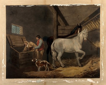 Two men and a dog in a stable, reaching into a corn bin, while two horses look on. Coloured mezzotint by J.R. Smith after G. Morland, 1799.