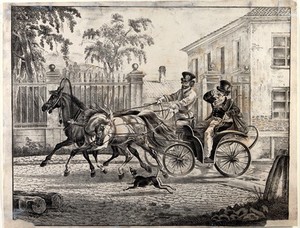 view A Russian gentleman being driven in a two-horse town carriage (or droschki), while a small dog runs alongside. Lithograph after A.O. Orlowski, ca. 1821.