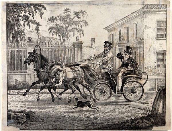 A Russian gentleman being driven in a two-horse town carriage (or droschki), while a small dog runs alongside. Lithograph after A.O. Orlowski, ca. 1821.