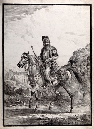 A Persian nobleman/warrior in traditional dress, riding a horse, with two men, also on horse-back, following behind. Lithograph after A.O. Orlovski, ca. 1821.
