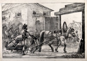 view A horse pulling a Russian flour sledge, with a mill seen in the background. Lithograph after A.O. Orlowski, 1821.