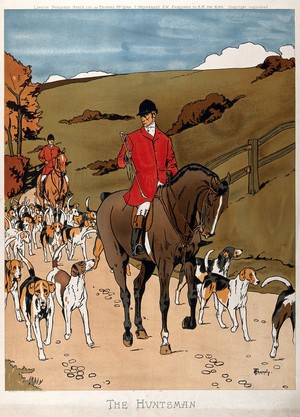 view A huntsman on his horse, surrounded by a pack of hounds. Colour lithograph, by H. Thornely, 1902.