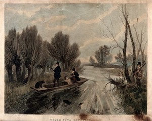 view Hunting waterfowl on a river in January: two men and their dogs are shown in a punt, while another man stands on the riverbank, holding a rifle. Coloured aquatint by R. G. Reeve after R. B. Davies, 1836.