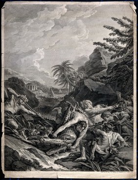 A crocodile hunt, showing a group of bare-chested hunters and their dogs in an exotic landscape, attacking a crocodile with spears and stakes. Engraving by P. P. Moles, 1773, after a painting by F. Boucher, 1739.