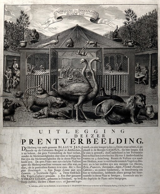 The menagerie of Blaauw Jan (Jan Berentsz Westerhof): animals including ostriches, monkeys, lions and peacocks are shown in and around a large central cage, surrounded by people drinking at tables. Etching by T. Crajenschot, 1751.