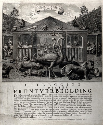The menagerie of Blaauw Jan (Jan Berentsz Westerhof) in Amsterdam: animals including ostriches, monkeys, lions and peacocks are shown in and around a large central cage, surrounded by people drinking at tables. Etching, 1751.