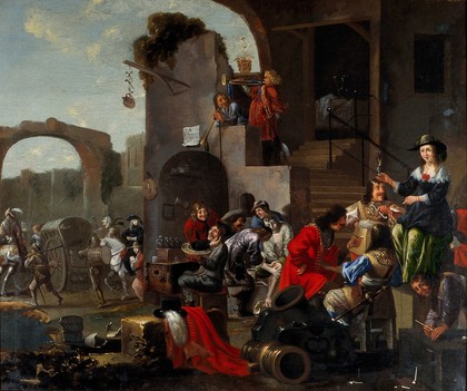 A barber and a surgeon attending to soldiers. Oil painting by a follower of Hieronymus Janssens.