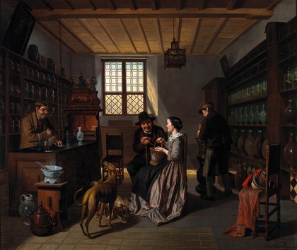 Interior of a pharmacy, with four figures. Oil painting by Jos. van Brée, 1860.