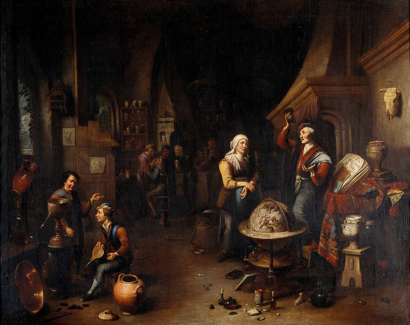 A physician examining a urine flask. Oil painting by Gerard Thomas., by Gerard Thomas