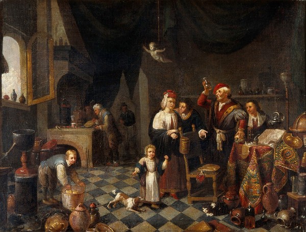 A physician examining a urine-flask. Oil painting in the style of Gerard Thomas.