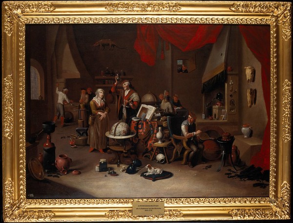 Interior with a physician examining a urine flask. Oil painting attributed to Gerard Thomas or Balthasar van den Bossche.