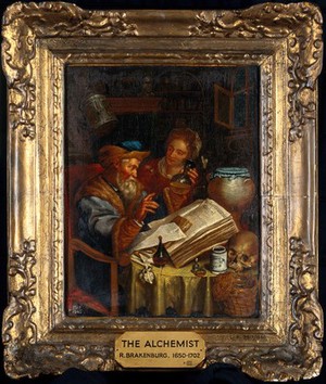 view A man diagnosing from a woman's urine with the aid of a book by Galen. Oil painting.