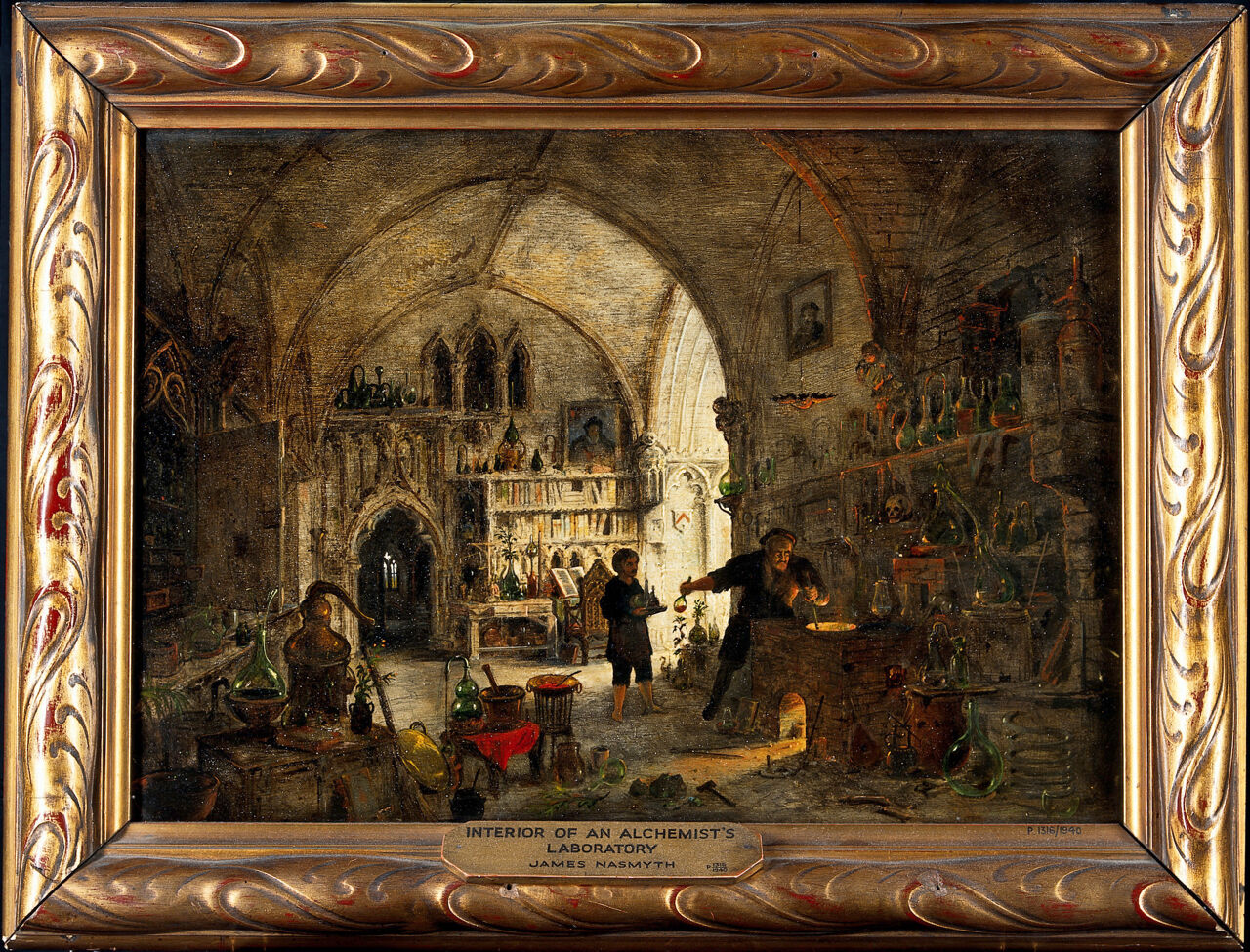 An alchemist in his laboratory. Oil painting by James Nasmyth., by James Nasmyth